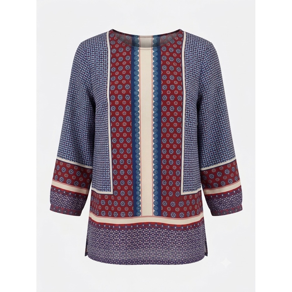Talbots Women Blue Red Geometric Vintage Inspired Boho Folk Medallion Tile Top S